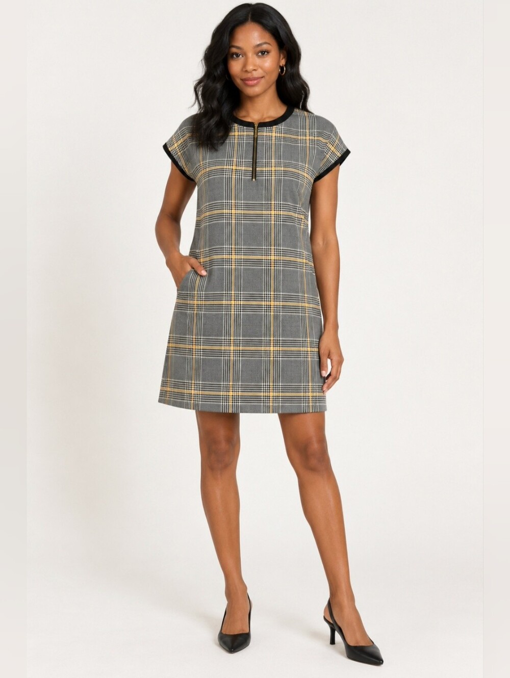 Title: Zara TRF Gray Plaid Zip-Front Shift Dress with Pockets